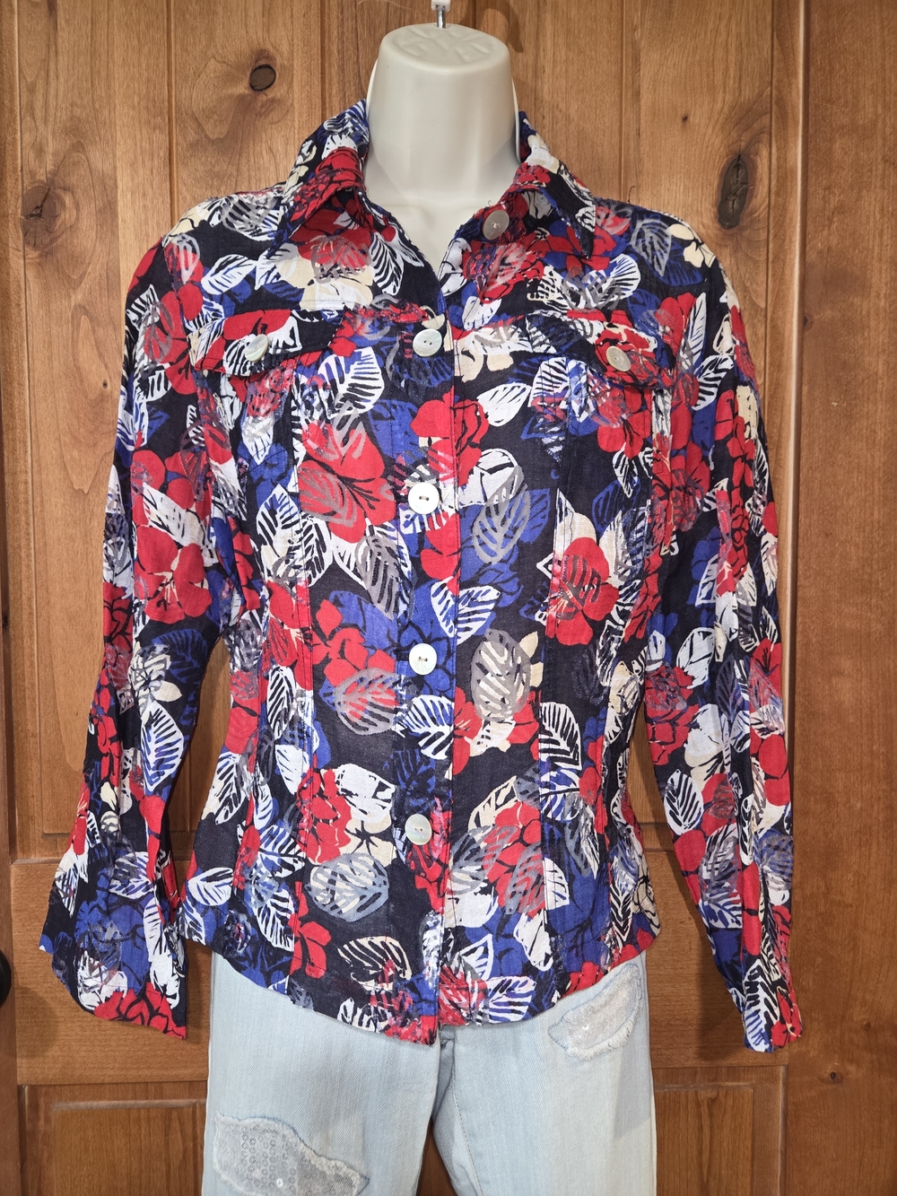 Ruby Rd. Floral Button-Front Shirt Jacket in Red, Blue & White